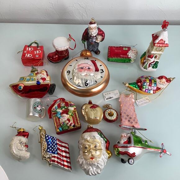 Vintage Mercury glass Handblown Santa + Christmas ornaments lot 17